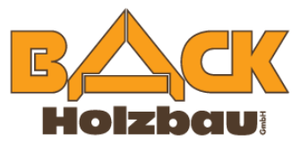 Logo von Back Holzbau mit einem stilisierten Holzrahmen in orange und Braun.